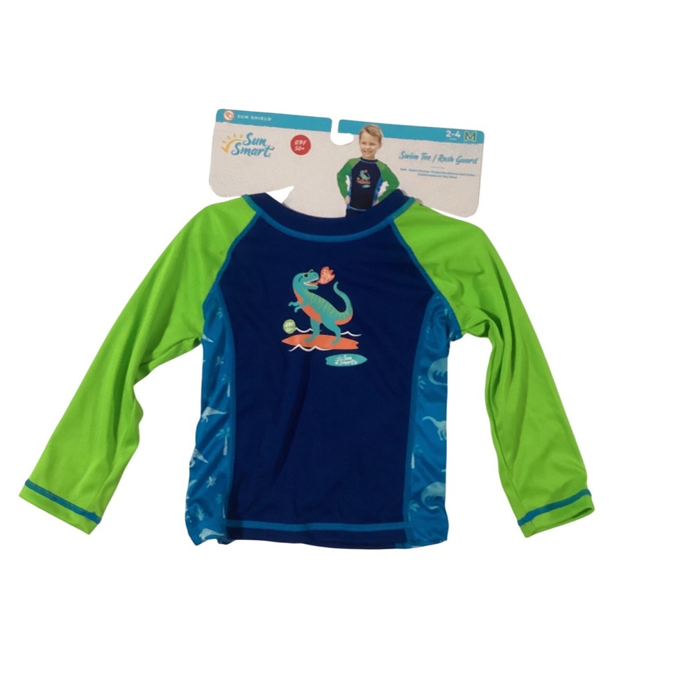 Sun‎ Smart Kids Dinosaur Rash Guard Swim Tee UPF 50+ Blue Green Long Sleeve 2-4y